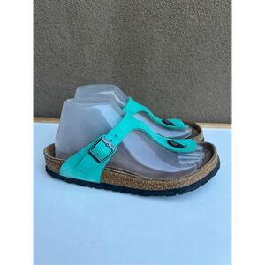 Birkenstock Womens Teal Sandals Size 41 US 10 Leather Slip On Comfort Flip Flop